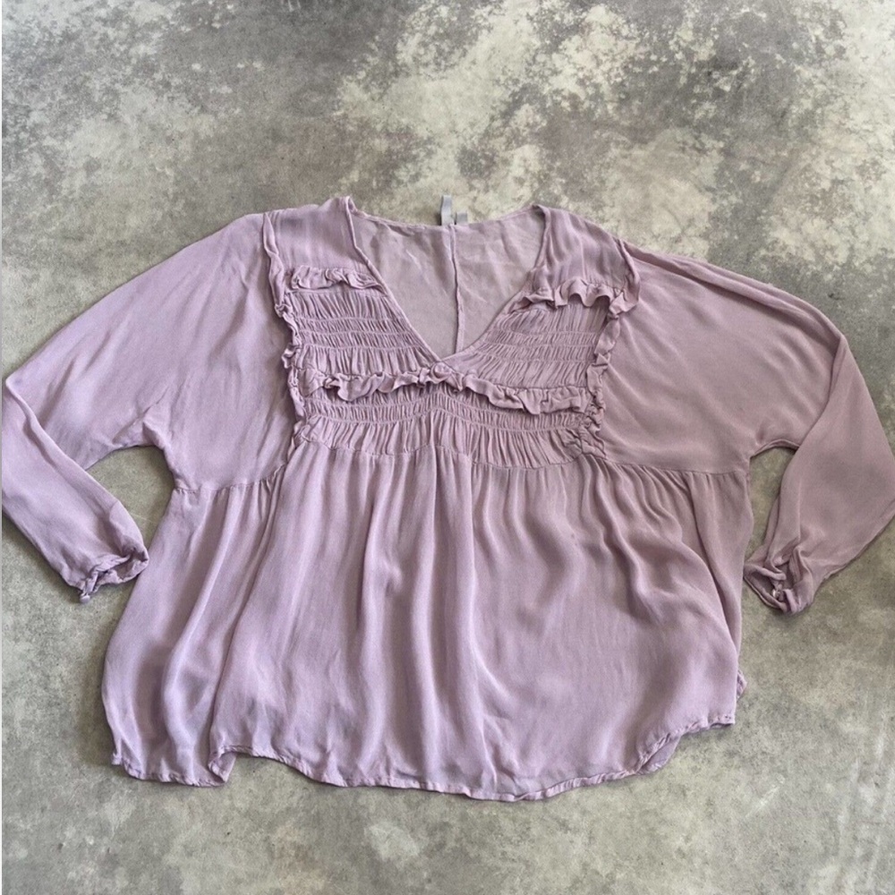 Asos Blouse Womens 18 Long Sleeve V Neck Pink Sheer Relaxed Fit Ruffle Front